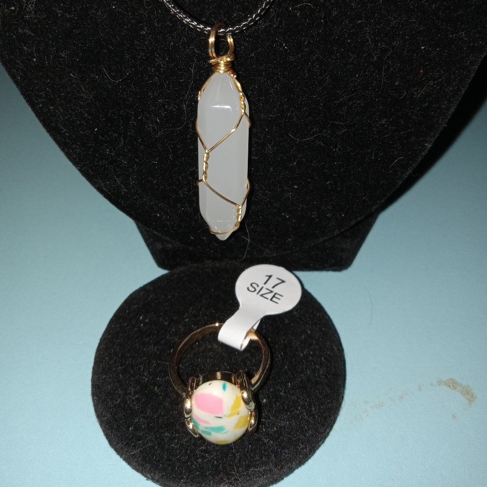 Matching Necklace and Ring Set w/Multi-colored Pendant on Black Cord